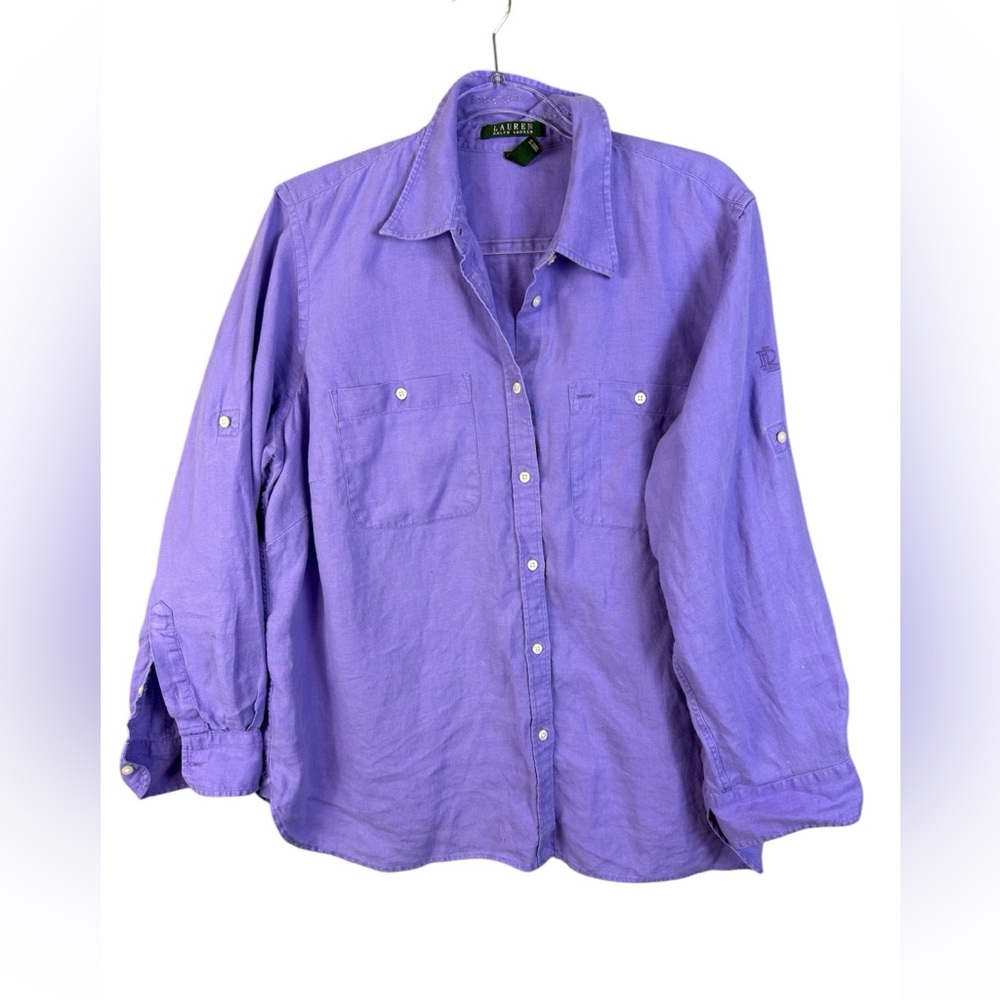 Ralph Lauren womens periwinkle linen button up shirt 1X - Picture 3 of 8
